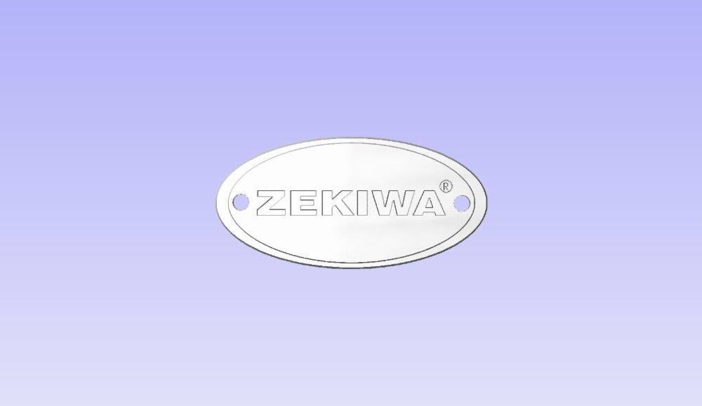 Biały, owalny emblemat z nazwą 'ZEKIWA' i symbolem zarejestrowanego znaku towarowego na jasnoniebieskim tle.