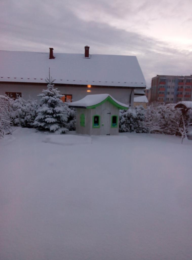 Zimowy krajobraz z domem, budynkiem wielorodzinnym w tle i małym, drewnianym domkiem dla dzieci z zielonymi akcentami, wszystko pokryte śniegiem.