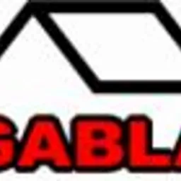 Logo firmy MEGABLACH z graficznym symbolem dachu powyżej nazwy, czarne obrysy i czerwone wypełnienie.