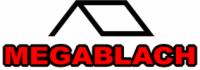 Logo firmy MEGABLACH z graficznym symbolem dachu powyżej nazwy, czarne obrysy i czerwone wypełnienie.