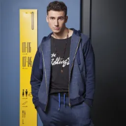 Mężczyzna w dresie z bluzą na suwak, stojący na tle niebieskiej ściany z żółtą tabliczką z numerami pokoi i piktogramami, ubrany w czarny t-shirt z nadrukiem The Rolling Stones i drewniany naszyjnik.