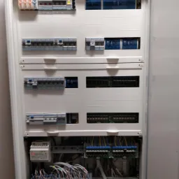 Otwarta skrzynka elektryczna z licznymi zabezpieczeniami, sterownikami i przewodami, widoczne różne moduły i kable w kolorowych izolacjach, na dole skrzynki widoczne fragmenty przewodów i odpadów...