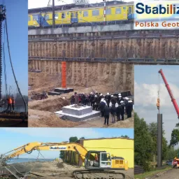 Kompozycja zdjęć przedstawiających różne etapy prac geotechnicznych: wbijanie pali w grunt, zabezpieczanie wykopu przed osuwaniem się ziemi, fundament pod budowę, pracę koparki na brzegu zbiornika...