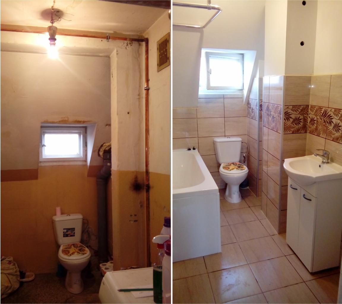 Porównanie stanu łazienki przed i po remoncie: po lewej stronie widoczna stara, zaniedbana łazienka z żółtymi ścianami, po prawej stronie wyremontowana łazienka z jasnymi płytkami, nową armaturą...