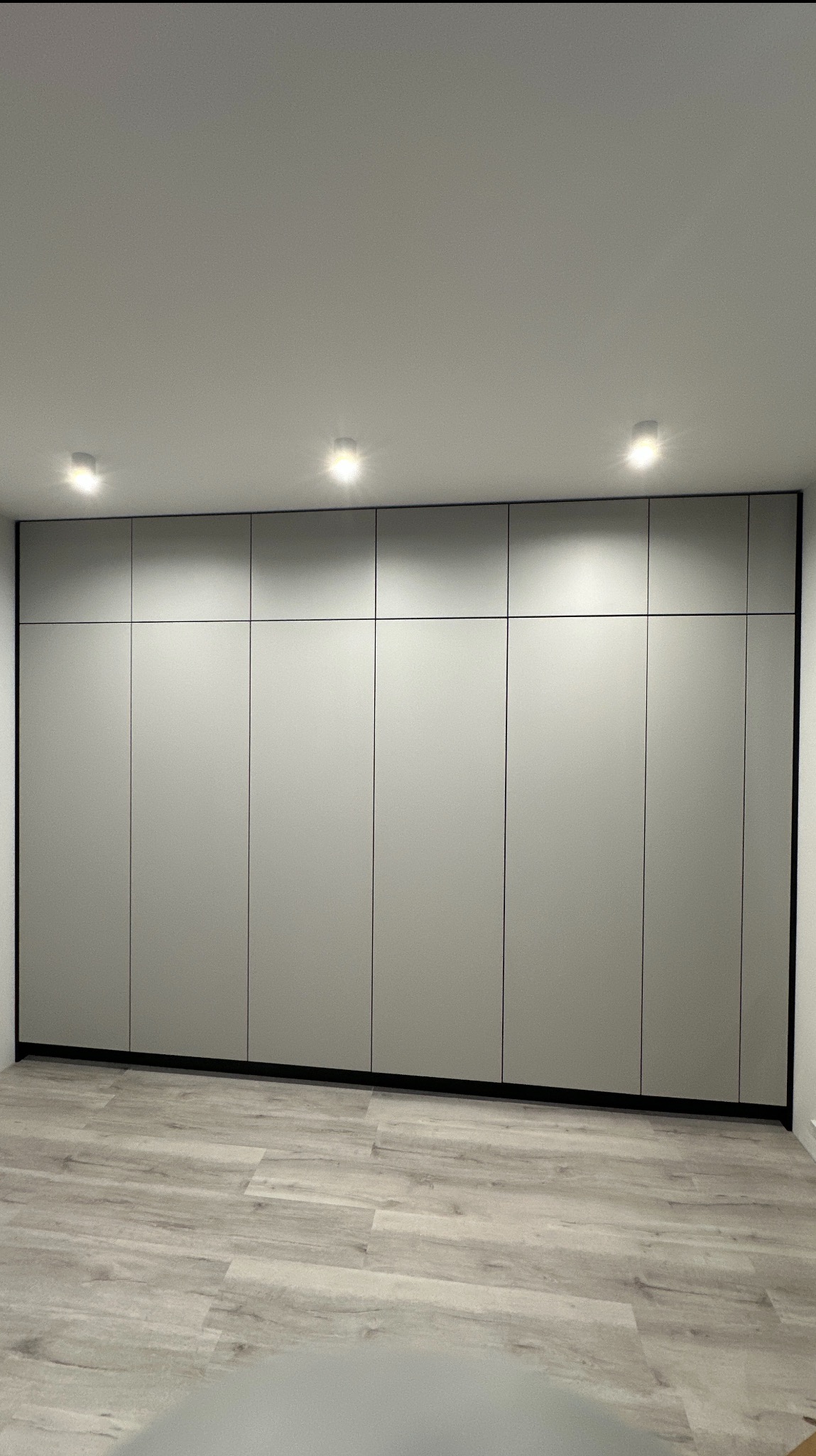 Minimalistyczna, szara szafa wnękowa z czarnymi obramowaniami, oświetlona trzema punktowymi lampami, na podłodze panele imitujące jasne drewno.