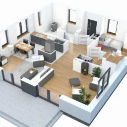 Wizualizacja 3D przekroju mieszkania z balkonem, ukazująca salon z jadalnią, kuchnię, sypialnię i łazienkę w nowoczesnym stylu.