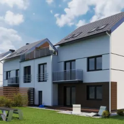 Wizualizacja szeregu nowoczesnych domów z balkonami i tarasami, otoczonych zielenią i elementami małej architektury.