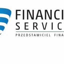 Logo firmy Financial Services z niebieskim, abstrakcyjnym symbolem po lewej stronie i czarnym tekstem 'FINANCIAL SERVICES' nad zieloną linią oraz napisem 'PRZEDSTAWICIEL FINANSOWY' pod linią.