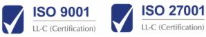 Certyfikaty ISO 9001 i ISO 27001 z niebieskimi symbolami zaznaczenia i tekstem LL-C (Certification).