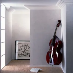 Wnętrze z kontrabasem opartym o ścianę, nutami na podłodze i grafiką Keitha Haringa w ramie, oświetlone światłem dziennym z okna.