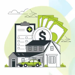 Ilustracja przedstawiająca dom, samochód, pieniądze, listę kontrolną z krzyżykiem i monetę z symbolem dolara, sugerująca zabezpieczenie finansowe w Czchowie.