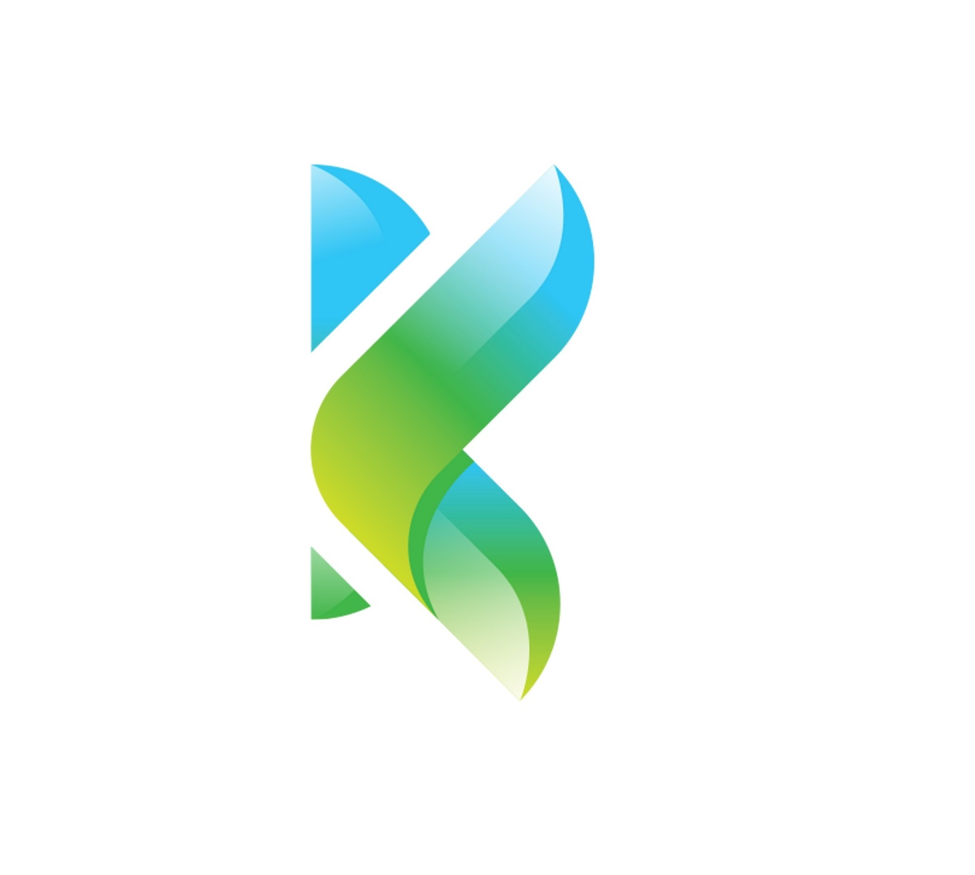 Abstrakcyjne logo w kształcie litery K, z gradientem od niebieskiego do zielonego na białym tle.