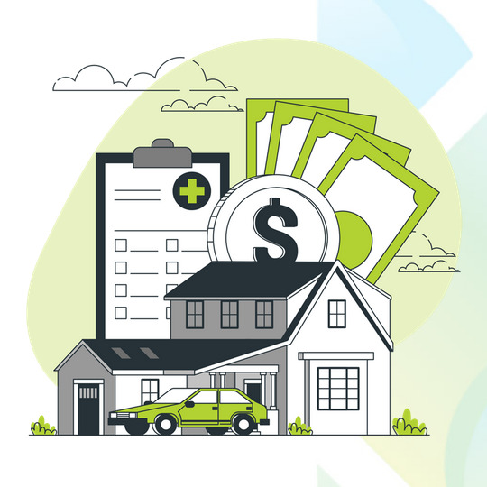 Ilustracja przedstawiająca dom, samochód, pieniądze, listę kontrolną z krzyżykiem i monetę z symbolem dolara, sugerująca zabezpieczenie finansowe w Czchowie.