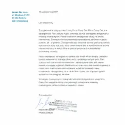 Skan listu referencyjnego od Leanle Sp. z o.o. dla firmy Crazy Owl, polecającego ich usługi w zakresie reklamy i marketingu, w tym redagowania tekstów na strony internetowe i tworzenia prezentacji...
