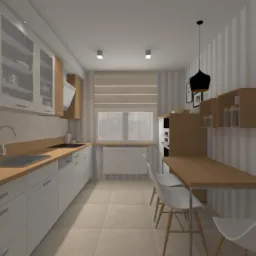 Wizualizacja kuchni z białymi szafkami, drewnianym blatem, stołem i krzesłami na tle ściany w biało-szare pasy.