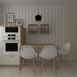 Wizualizacja jasnej kuchni z białymi meblami, drewnianym blatem i trzema białymi krzesłami przy stole, na ścianie półki z słoikami, nad stołem czarna lampa.