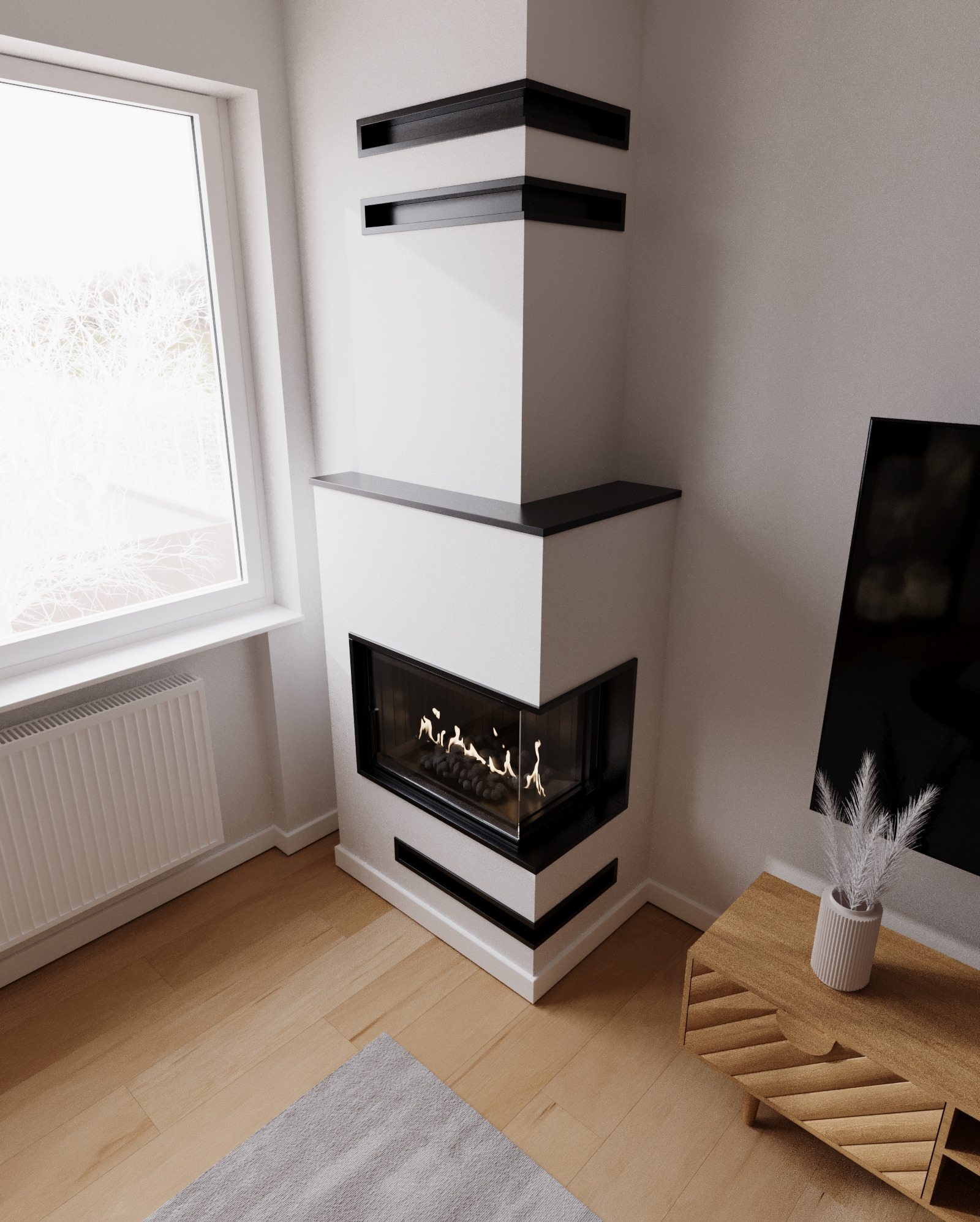 Nowoczesny kominek narożny z czarnymi akcentami, płomień widoczny przez szybę, obok okno i grzejnik, drewniana podłoga i dywan. Minimalistyczny design.