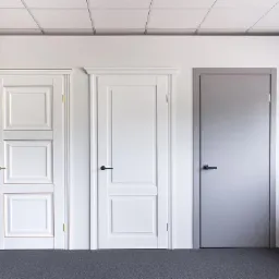 Ekspozycja czterech różnych modeli skrzydeł w jasnej kolorystyce: błękitna, biała z złotymi akcentami, biała klasyczna i szara minimalistyczna, prezentacja w salonie.