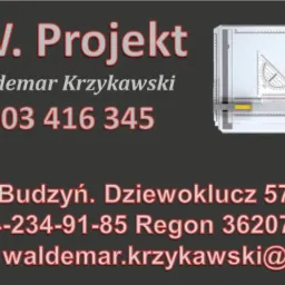 Wizytówka firmy M.W. Projekt inż. Waldemar Krzykawski z danymi kontaktowymi i grafiką stołu kreślarskiego z przyborami.