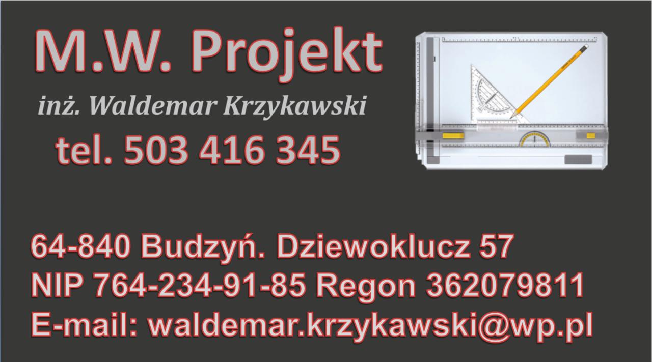 Wizytówka firmy M.W. Projekt inż. Waldemar Krzykawski z danymi kontaktowymi i grafiką stołu kreślarskiego z przyborami.