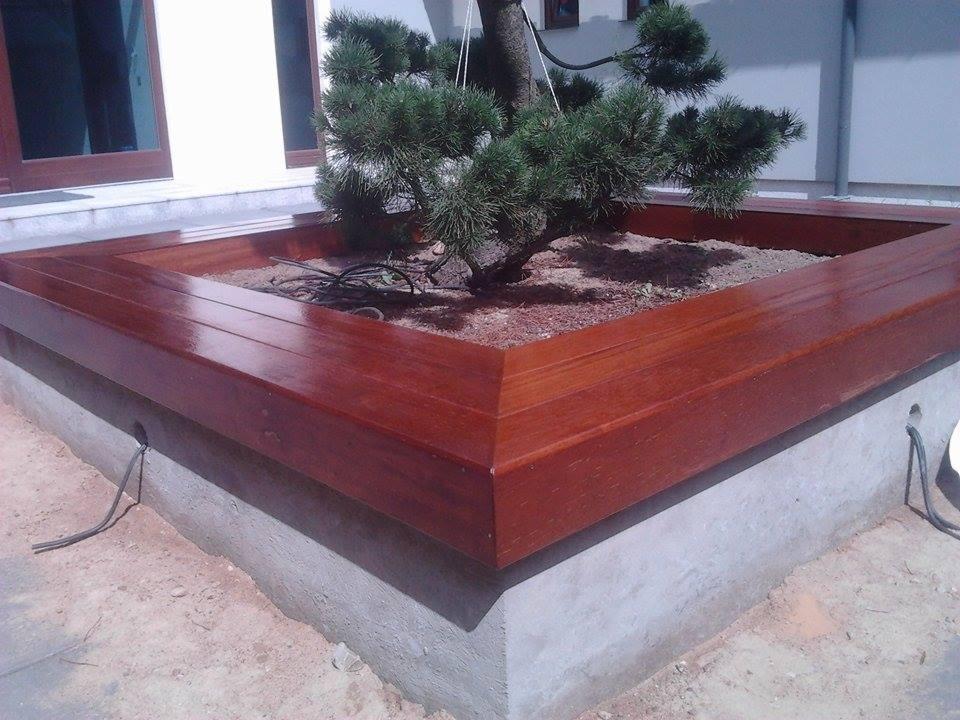 Kwadratowa rabata z drewna o ciepłym, mahoniowym odcieniu, obudowana betonową podstawą, w której rośnie mała sosna. Widoczne kable wychodzące z otworu w rabacie.