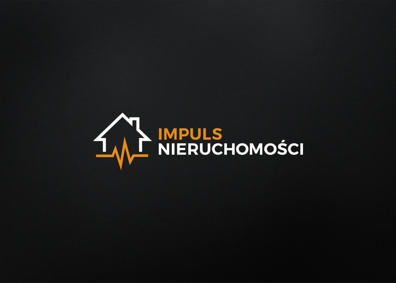 Logo firmy Impuls Nieruchomości na ciemnym tle, z symbolem domu połączonego z linią EKG w kolorze pomarańczowym.