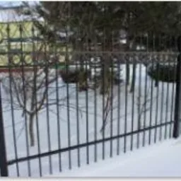 Czarne, metalowe ogrodzenie z ozdobnymi elementami w górnej części, pokryte śniegiem, na tle zimowego krajobrazu z drzewami i zabudowaniami.