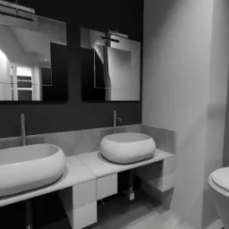 Nowoczesna łazienka w odcieniach szarości z dwoma owalnymi umywalkami nablatowymi, minimalistyczną armaturą i lustrami w geometrycznych ramach.