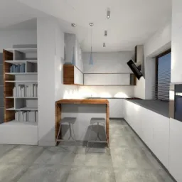 Wizualizacja nowoczesnej kuchni z białymi szafkami, drewnianym blatem i hokerami, oświetleniem punktowym oraz regałem na książki w salonie przylegającym do kuchni.