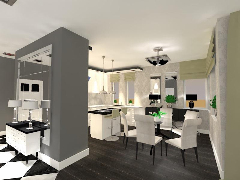 Wizualizacja wnętrza: kuchnia z wyspą i jadalnia w stylu glamour, czarno-biała szachownica na podłodze, lustrzane dekoracje, wiszące lampy nad wyspą, tapeta w kwiatowy wzór.