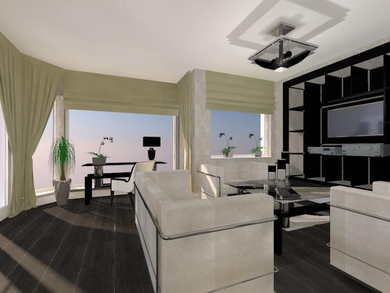 Wizualizacja salonu z dużym oknem, biurkiem, roślinami doniczkowymi, beżową sofą i czarną zabudową meblową z telewizorem.