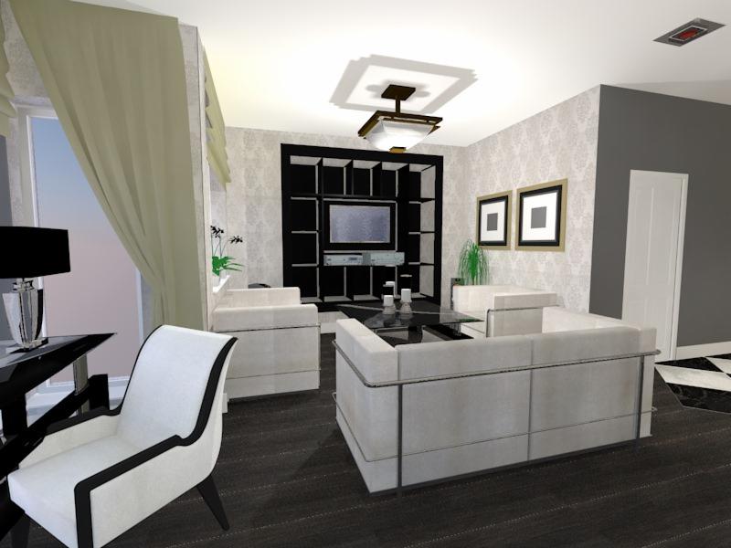 Wizualizacja salonu z białymi meblami w stylu art deco: sofa z metalowymi akcentami, fotel z czarnymi obramowaniami, czarny regał z telewizorem i dekoracyjne lampy sufitowe.