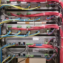 Szafa rack z zainstalowanymi modułami elektronicznymi Bosch, okablowanie w kolorach niebieskim, ż&oacute;łtym i czerwonym, widoczne narzędzia na p&oacute;łce poniżej.