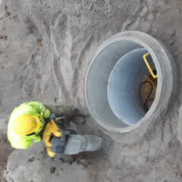 Pracownik w odblaskowej kurtce i żółtym kasku używa wiertarki udarowej obok betonowej studni kanalizacyjnej w wykopie ziemnym.