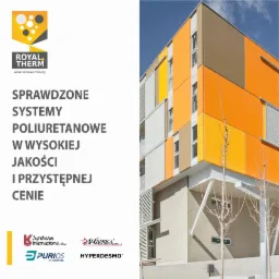 Wielobarwna elewacja budynku po ociepleniu, z widocznymi panelami w odcieniach żółci, pomarańczy i brązu, na tle błękitnego nieba. Po lewej stronie reklama systemów poliuretanowych.