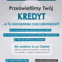 Grafika reklamowa z hasłem 'Prześwietlimy Twój KREDYT' oraz informacjami o oszczędzaniu czasu i pieniędzy, logo firmy Platinum Eye i schemat procesu uzyskiwania finansowania.