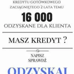 Grafika informacyjna: 50 000 kredytu gotówkowego zaciągniętego 2 lata temu, 16 000 odzyskane dla klienta, pytanie 'Masz kredyt?', wezwanie do działania 'Napisz, sprawdź, odzyskaj', logo Platinum Eye.