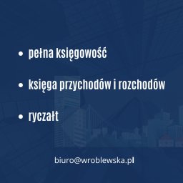 Biuro Rachunkowe Katarzyna Wróblewska-doradca podatkowy - Grafika z listą usług: pełna księgowość, księga przychodów i rozchodów, ryczałt. W tle zarys miasta i adres e-mail biura.