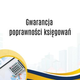 Biuro Rachunkowe Katarzyna Wróblewska-doradca podatkowy - Gwarancja poprawności księgowań: kalkulator, wykresy i panorama miasta w tle, w ozdobnej ramce. Ilustracja usług biura rachunkowego.
