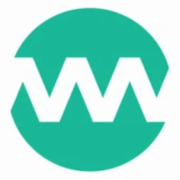 Biały, abstrakcyjny znak graficzny przypominający literę 'M' wkomponowany w okrągły, turkusowy kształt.