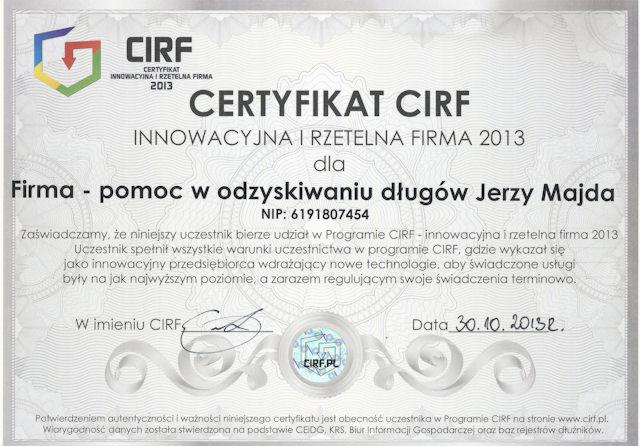 Skan certyfikatu CIRF 'Innowacyjna i rzetelna firma 2013' dla firmy zajmującej się pomocą w odzyskiwaniu długów, z podanym numerem NIP i datą wydania 30.10.2013.