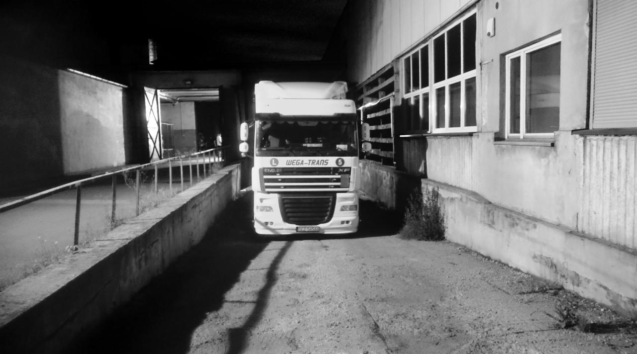 Czarno-białe zdjęcie białej ciężarówki marki DAF z logo WEGA-TRANS, zaparkowanej przed budynkiem z oknami i rampą wjazdową.