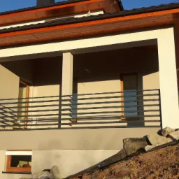 Nowoczesny dom z balkonem zabezpieczonym poziomą, metalową balustradą w kolorze grafitowym; widoczny nasyp ziemny z kamieniami u podstawy balkonu.