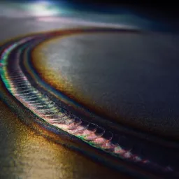 Zbliżenie na spaw metalu z widocznymi tęczowymi przebarwieniami termicznymi wzdłuż spoiny.