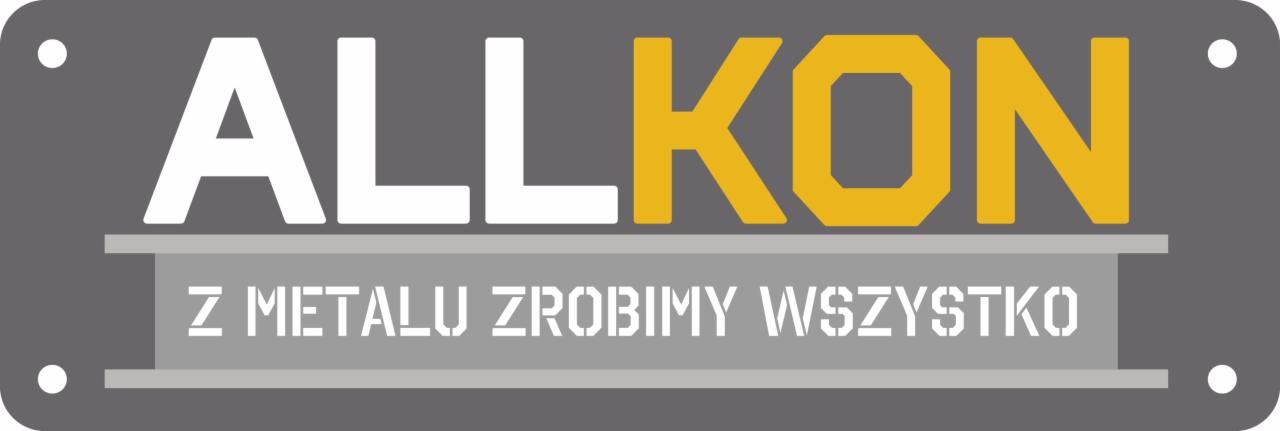Logo firmy ALLKON z napisem 'Z METALU ZROBIMY WSZYSTKO' na szarym tle z białymi i żółtymi elementami.