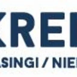 Logo firmy oferującej kredyty, leasingi i nieruchomości, z czerwonym znakiem graficznym i granatowym napisem 'KREDYTY LEASINGI / NIERUCHOMOŚCI'.