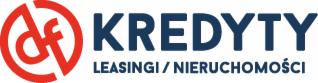 Logo firmy oferującej kredyty, leasingi i nieruchomości, z czerwonym znakiem graficznym i granatowym napisem 'KREDYTY LEASINGI / NIERUCHOMOŚCI'.