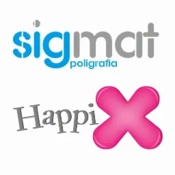 Logo firmy poligraficznej Sigmat z hasłem HappiX w kolorach niebieskim, szarym i różowym na białym tle.