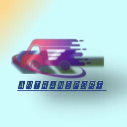 Grafika z logotypem firmy AMTRANSPORT: stylizowany bus w ruchu, gradient różowo-fioletowy, nazwa firmy w niebieskich literach na jasnym tle.