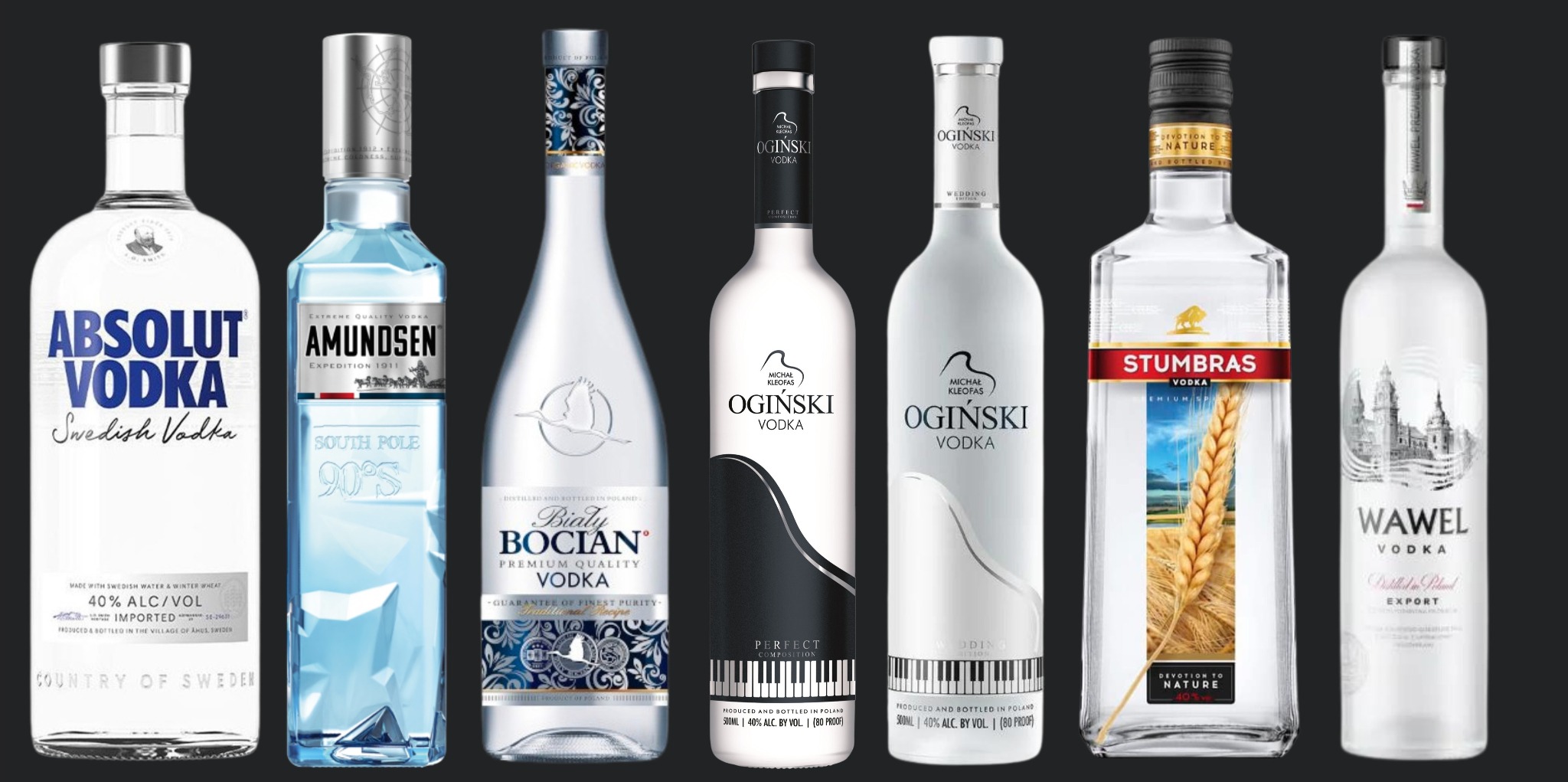 Kolekcja siedmiu różnych butelek wódki o różnych markach i wzorach etykiet, ustawionych na ciemnym tle, prezentujących różnorodność oferty.